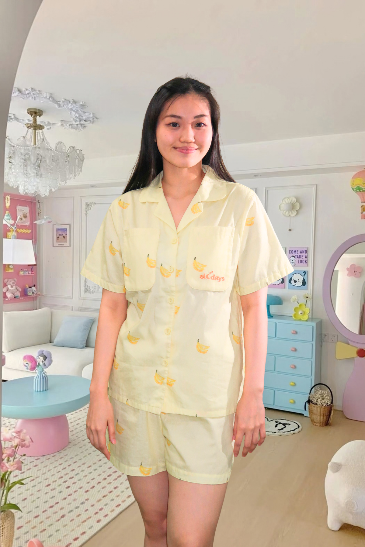 Banana Cotton Satin Oversized Shorts Set